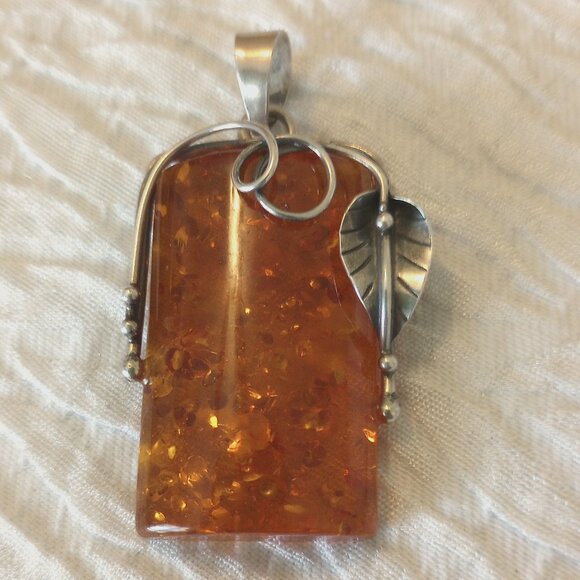 Large Sterling Silver Baltic Amber Pendant Necklace 30" Rope Chain - Picture 1 of 6